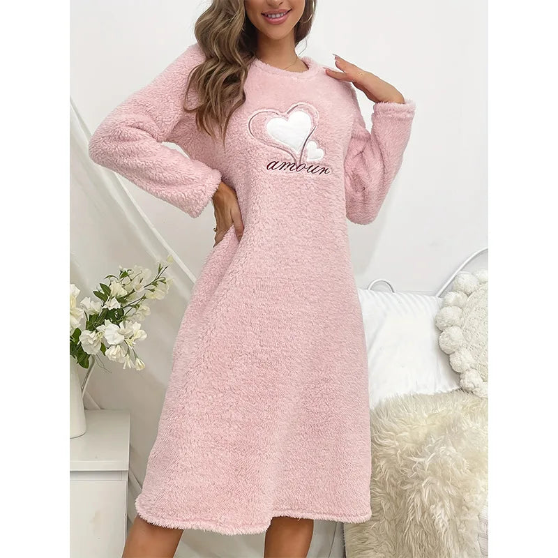Heart Print Fuzzy Fleece Nightgown